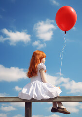 Fototapeta na wymiar Redhead little girl. A redhead girl in white dress sitting on the fence with red ballon