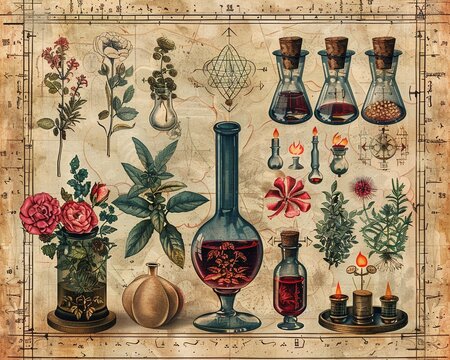 Antique Alchemy Vintage illustrations of alchemical processes and mystical transformations, captured with intricate detail and vivid colors, professional color grading