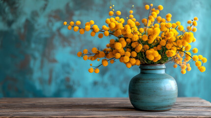 a blue vase filled with yellow flowers sitting on top of a wooden table with a blue wall in the...