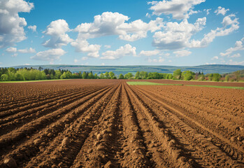 Furrows. Agricultural field on which grow up potatoes - obrazy, fototapety, plakaty