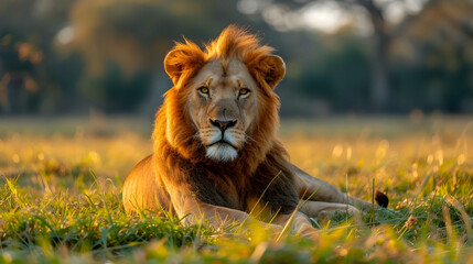 Big male African lion (Panthera leo) lying in the grass - obrazy, fototapety, plakaty