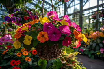 Fototapeta na wymiar Colorful petunia flower hanging in pot. Growing spring flowers in large glass greenhouses. Colorful geraniums ready for sale and business. Florist work, farm, local market
