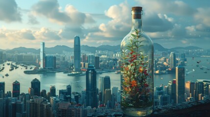 A unique terrarium bottle with vibrant flora set against the stunning backdrop of Victoria and Hong Kong's cityscape during a peaceful sunset.