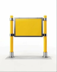Obraz premium A yellow metal safety railing with three columns and one display board on a white background, with a simple style and 3D rendering effect shown from the front view. The rectangular steel frame 