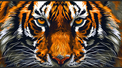 Fierce vector face of a powerful tiger with bold stripes and piercing eyes.