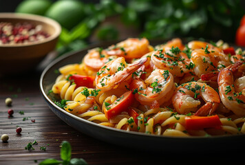 Delicious hot pasta with shrimps and vegetables on wooden table - obrazy, fototapety, plakaty