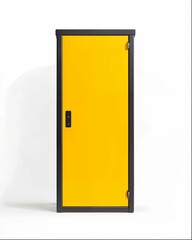 A black and yellow metal door with no windows or doors, designed for school equipment storage in the style of white background, minimalism, industrial design, industrial materials, simple shapes