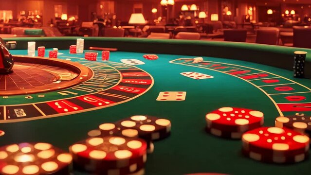 close-up of a roulette game on green table and casino chips in a sleek modern casino. Concept of gambling-addicted and richness. AI-generated.