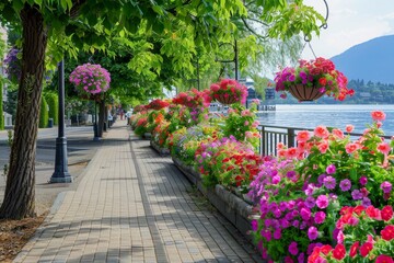 Spring's Splendor Unveiled: The Waterfront Park's Promenade Decorated with Colorful Hanging Flower Baskets