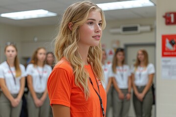 Obraz premium a woman in an orange shirt is standing in front of a group of girls