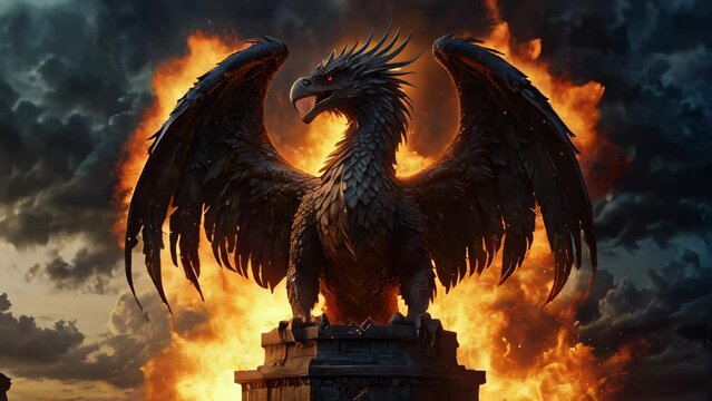 magnificent fantasy phoenix with fiery wings alight atop an ancient pedestal against a dramatic evening sky. AI-generated.