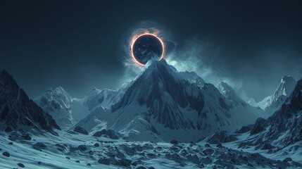 An intense solar eclipse over a rugged mountain range creates a phenomenal scene with dramatic contrast and a sense of awe - obrazy, fototapety, plakaty