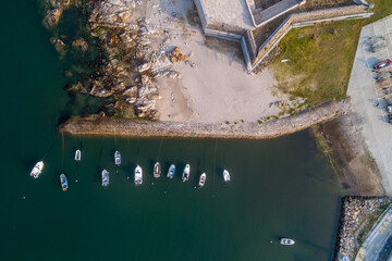 drone aerial overhead view of Vila Praia de Ancora fishing port. Viana do Castelo, North of Portugal