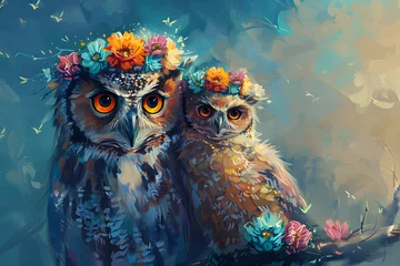 Foto op Plexiglas Beautiful mother and baby owl animals with flower crown, colorful portrait wallpaper, perfect for mother’s day celebration and nature-themed designs. © ELmahdi-AI