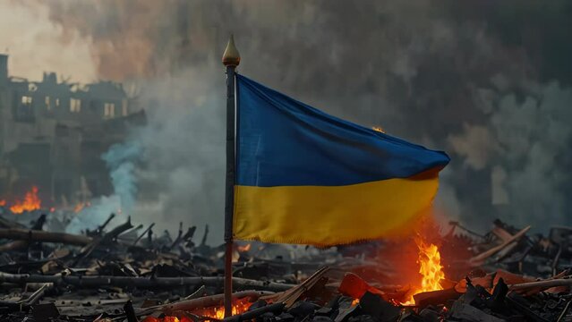 Flag the Ukraine army at dawn on the battlefield of liberated city of Ukraine. Concept of Ukrainian counterattack in the war Russia-Ukraine. The glory of the Ukrainian resistance army.
