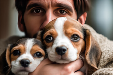A man is holding two small dogs in his arms. The dogs are brown and white, and they seem to be enjoying the attention. The man's face is serious, but his eyes are soft and gentle