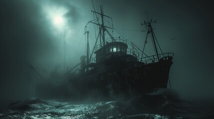 Eerie image of a trawler ship emerging from dense fog at night, illuminated under a stormy sky, depicting a sense of mystery and horror. - obrazy, fototapety, plakaty