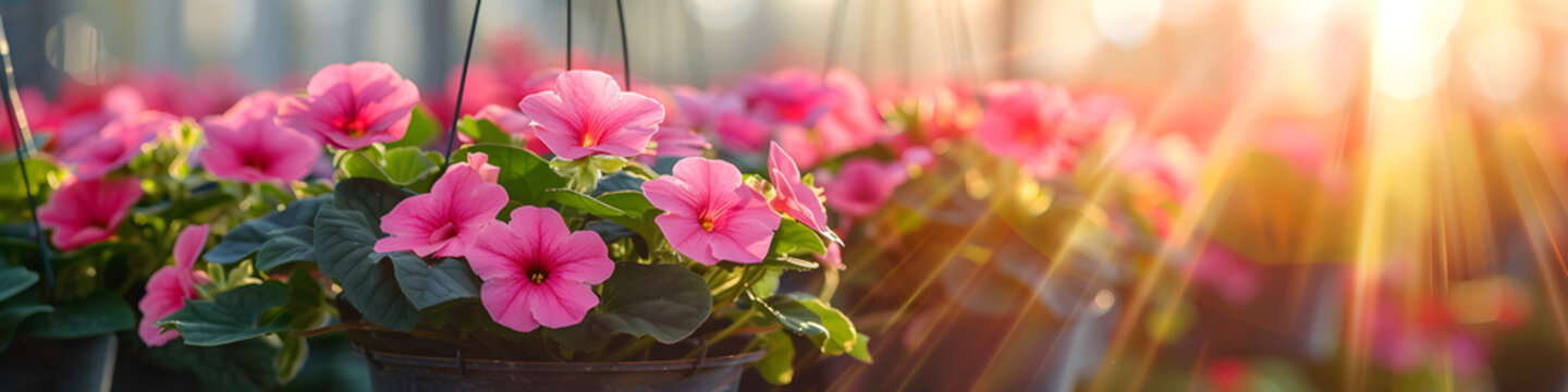 Pink petunia flower hanging in pot. Growing spring flowers in large glass greenhouse. Colorful geraniums ready for sale and business. Florist work, farm, local market
