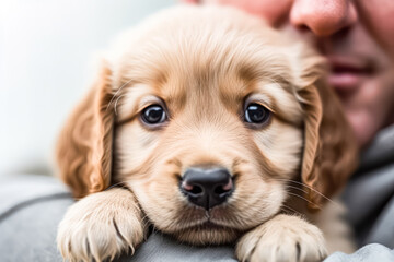 A small brown and white dog is being held by a person. The dog has a cute and innocent expression on its face