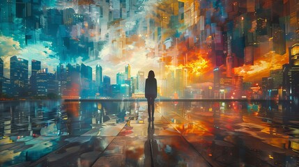 Imaginative artwork showing a person standing in a city with a surreal sky that seems to explode into color above