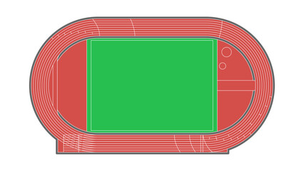 Athletics stadium with running tracks and green field. Top view on sport or athletic arena.