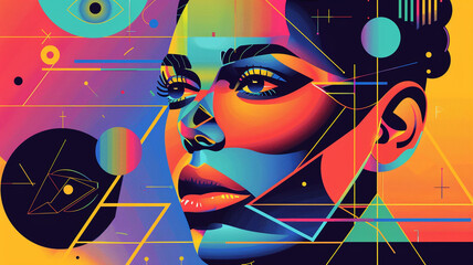 An abstract graphical vector face with geometric shapes and vibrant colors, exuding a modern and avant-garde aesthetic.