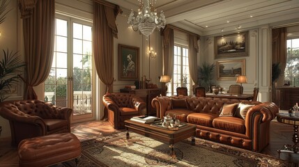 Obraz na płótnie Canvas This image showcases an elegant French Creole living room, featuring large windows, leather sofas, and intricate architectural details. 
