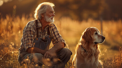 male senior sitting with his dog in a field at sundown