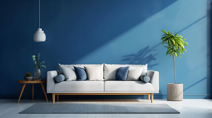 modern living room with sofa of a house in a living room, an empty blue wall in the background, sunlight, mockup , empty space ,home interior design 