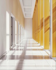 Yellow and black hallway with lockers.