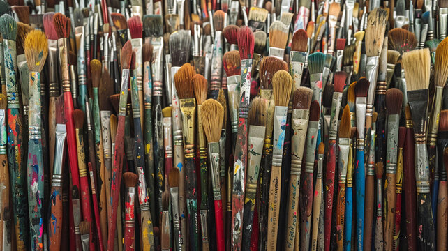 Artistic arrangement of paintbrushes standing upright, creating a visually striking and organized display.