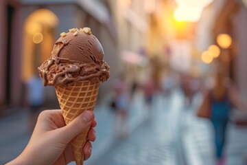 Hand holding delicious chocolate ice cream, on blurred European city background in sunny day. Female hand with traditional Italian ice cream in waffle cone in sunny day