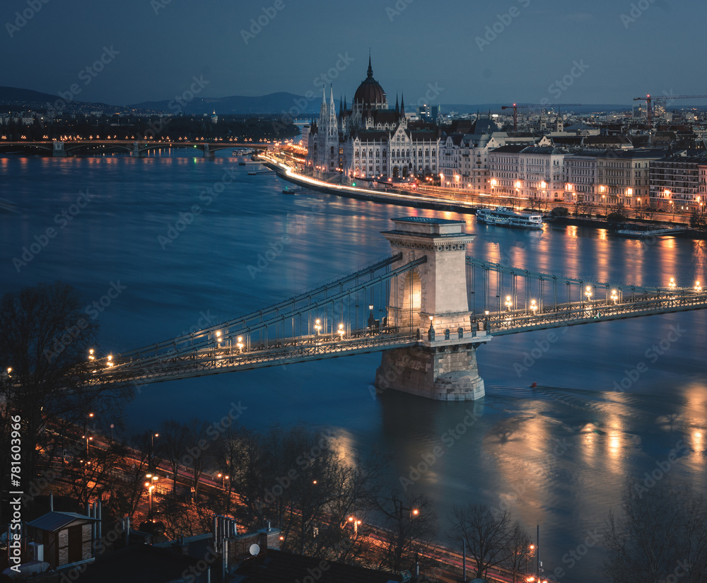 Sticker Chain Bridge and the Parliament in Budapest in blue hour