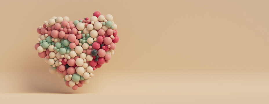 Multicolored Balloon Love Heart. Pink, White and Green Balloons arranged in a heart shape. 3D Render with copy-space. 