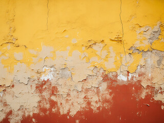 Background exhibits decorative wall paint with a messy stucco texture in yellow, brown, and red