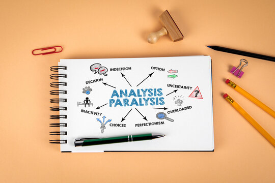 Analysis Paralysis. Notepad and office supplies on a light background