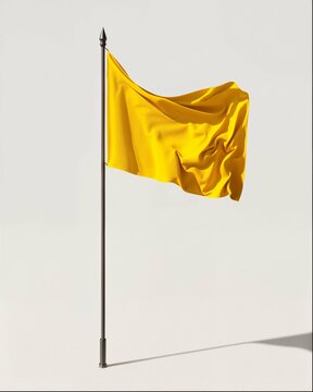 3D render of a yellow flag on a pole against a white background, created in the style of blender and unreal engine with bright lighting.