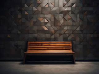 Tuinposter Rustic wooden bench contrasts with geometric square pattern on wall, highlighting raw beauty © Llama-World-studio