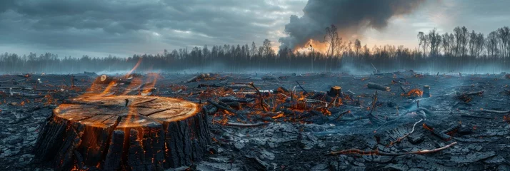 Foto op Canvas Nature's demise: bleak scene of tree stumps and debris under overcast sky © Oleksandr