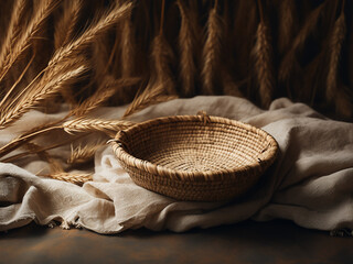 Textured setting highlights woven straw material with organic shades - obrazy, fototapety, plakaty