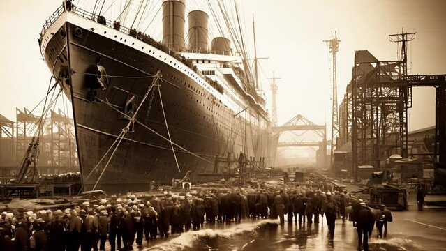 classic photo depicts the grandeur of Titanic's construction in 1910, with towering cranes encircling its massive hull. Workers, dressed in period attire, diligently labor in dry dock. AI-generated