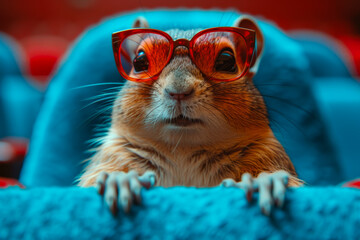 Squirrel is wearing glasses and looking at the camera