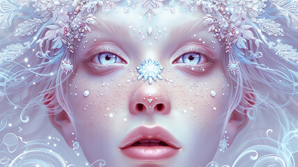 A magical graphical vector face reminiscent of a fairy tale princess, with delicate features and a crown of sparkling jewels.
