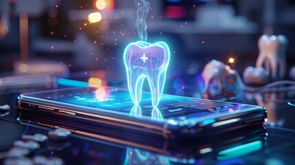 Innovative dental health app interface on a smartphone screen with holographic tooth - obrazy, fototapety, plakaty