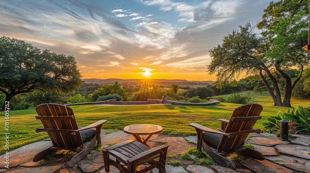 Wall mural a backyard with a patio area captures the beauty of a sunset