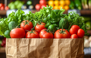 Fresh organic vegetables in paper shopping bag. Healthy food in a paper bag