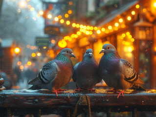 Pigeons sitting on fence in the rain