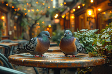 Two pigeons sit on table in outdoor cafe