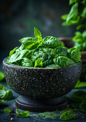 Fresh green basil in bowl on dark background
