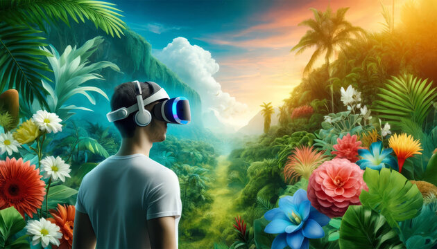 Person using VR to explore a lush virtual reality garden, ideal for depicting tech in education and nature experiences.